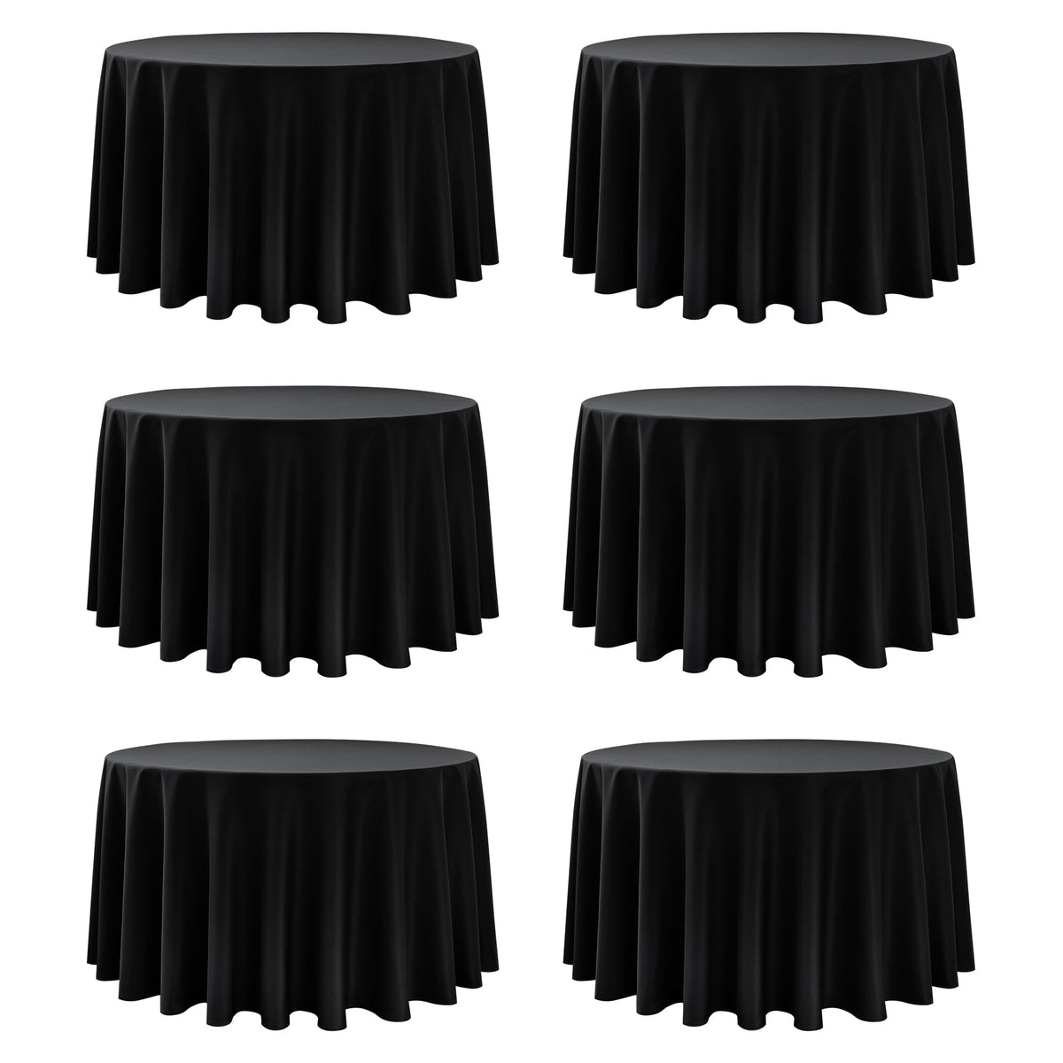 Dailyset 6-pack black round tablecloths with 120-inch drape for elegant receptions.