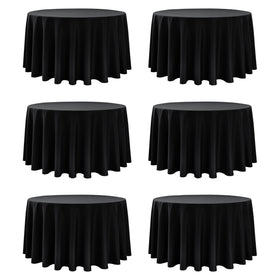 Dailyset 6-pack black round tablecloths with 120-inch drape for elegant receptions.