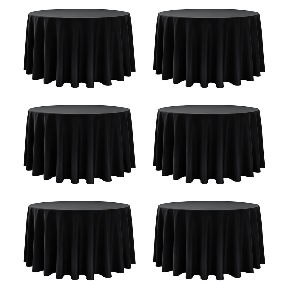 Dailyset 6-pack black round tablecloths with 120-inch drape for elegant receptions.