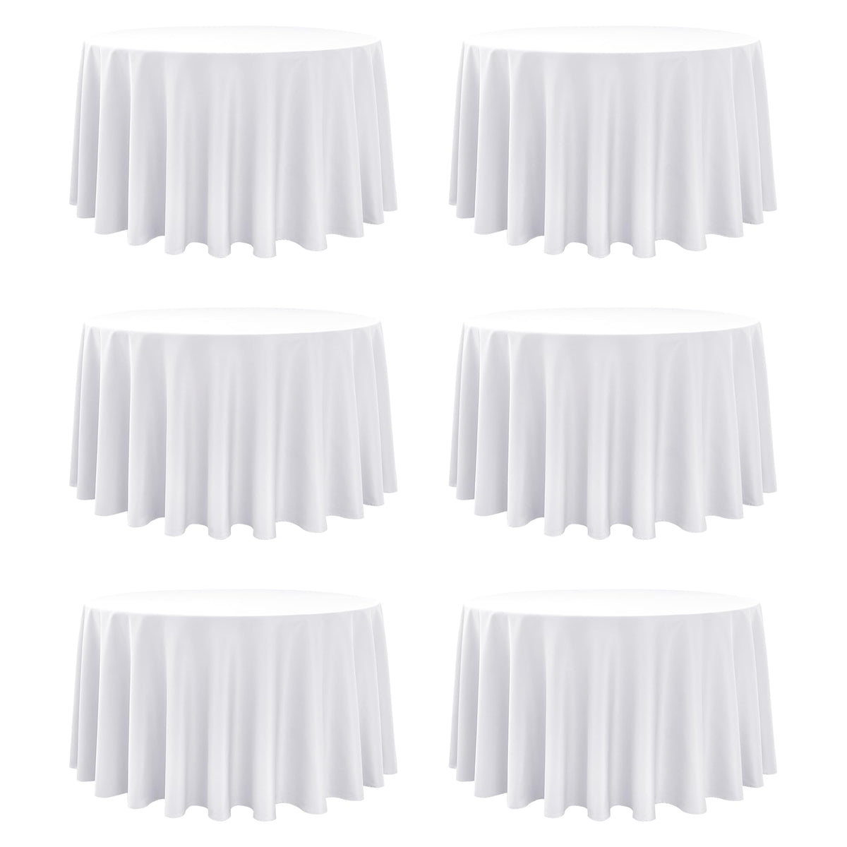 Dailyset 6-pack white round tablecloths 120in on display for banquet use