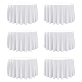 Dailyset 6-pack white round tablecloths 120in on display for banquet use