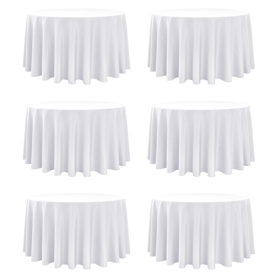 Dailyset 6-pack white round tablecloths 120in on display for banquet use