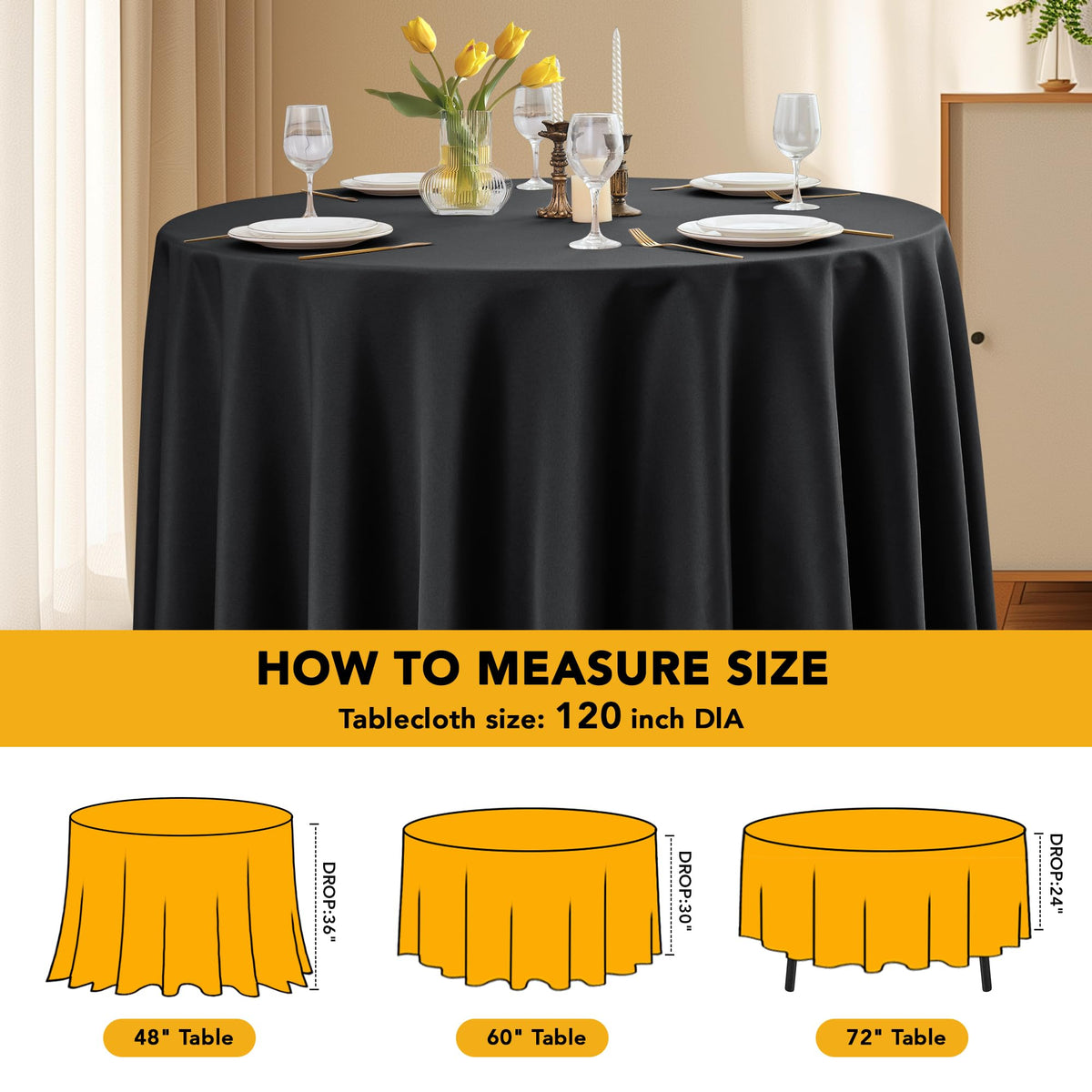 Dailyset black round tablecloth adds timeless elegance to any venue setting.
