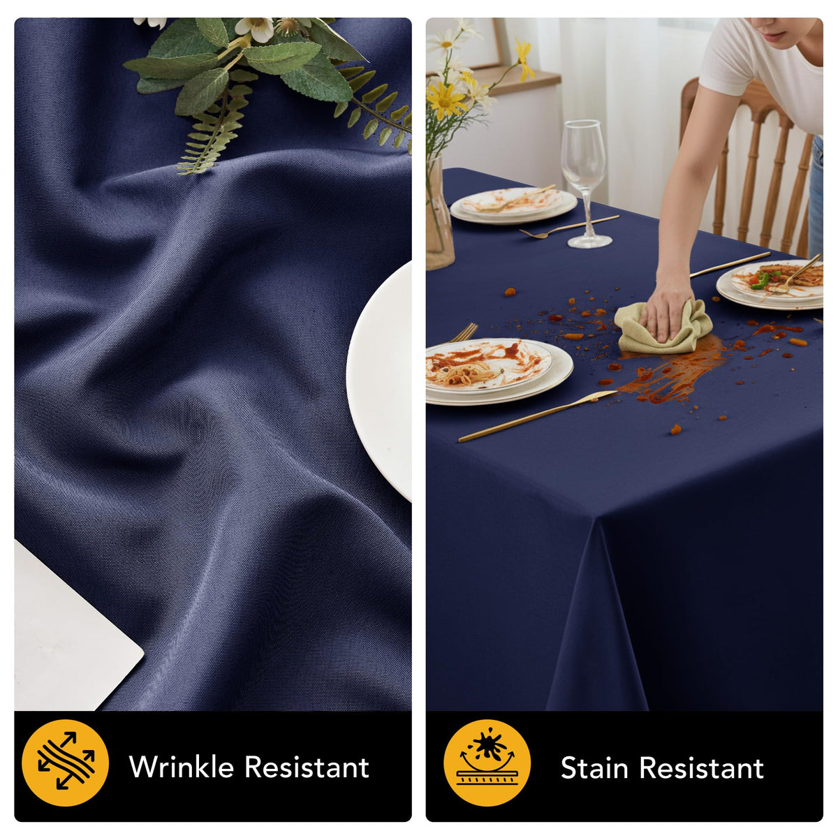 Dailyset navy rectangle table setup with draped, tidy coverage.