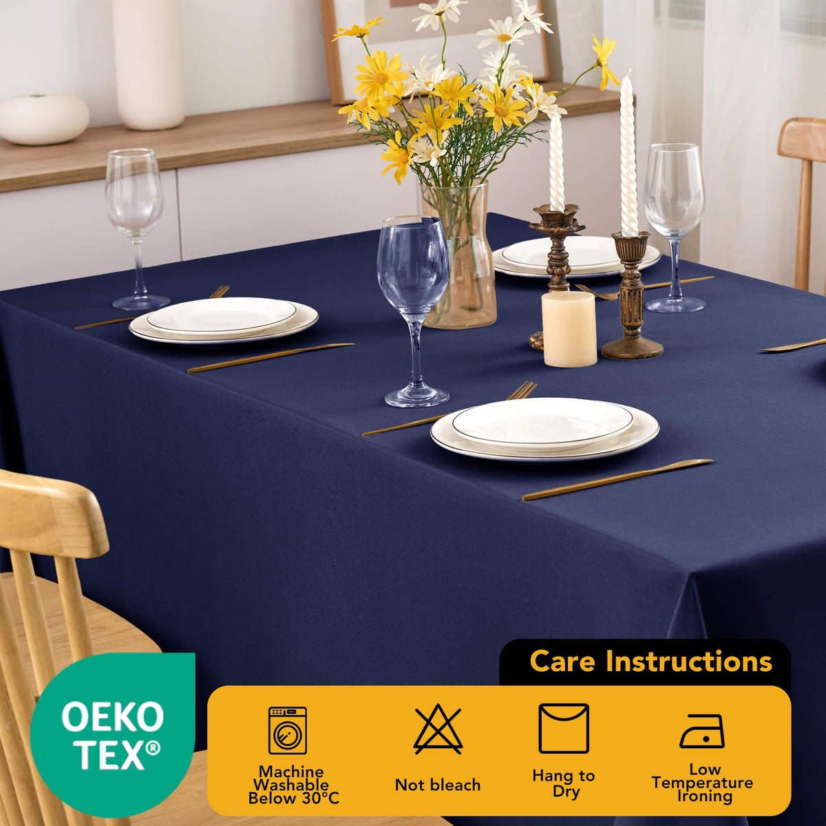 Dailyset party setup showing navy drape and table-edge fit.