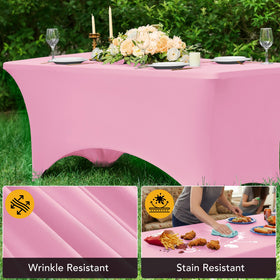 Stain and wrinkle resistance shown on Dailyset pink spandex tablecloth