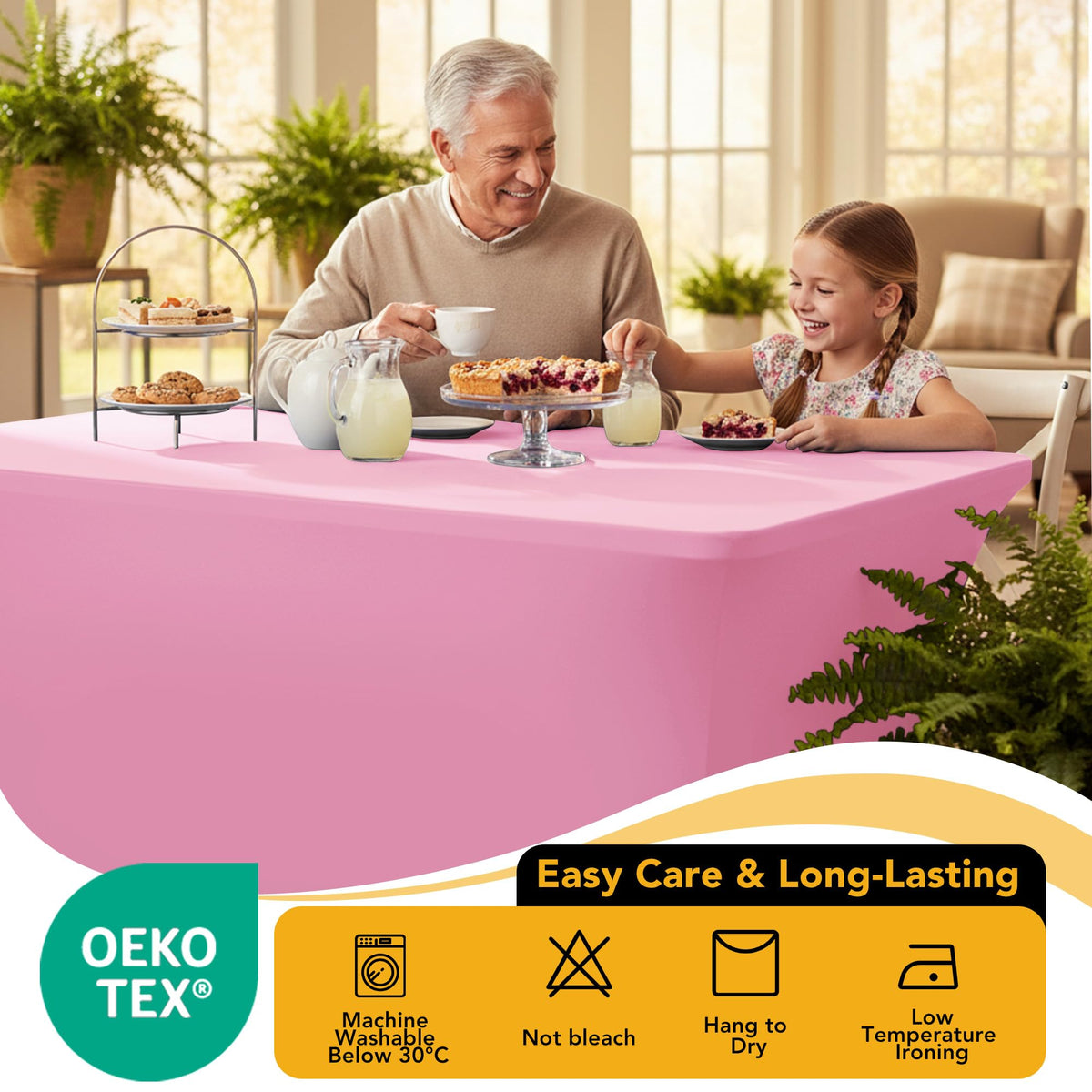 Wedding banquet scene with Dailyset pink spandex tablecloths