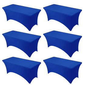Dailyset premium royal blue spandex tablecloth draped on a 6ft table for a polished setup