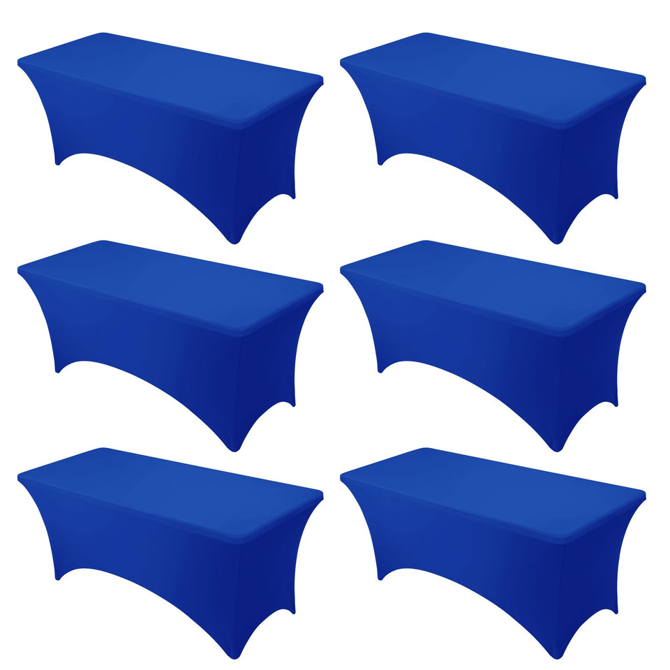 Dailyset premium royal blue spandex tablecloth draped on a 6ft table for a polished setup