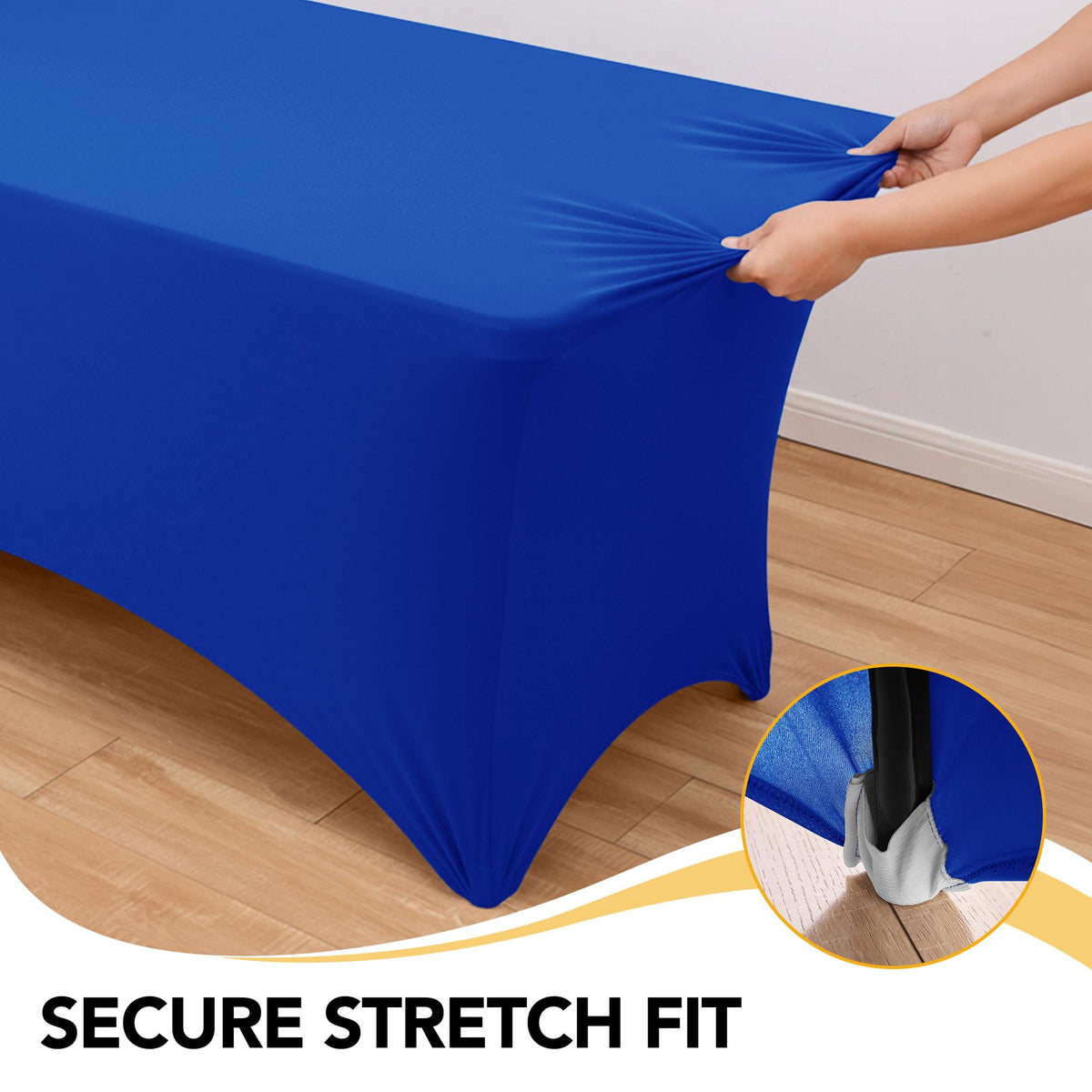Dailyset royal blue spandex tablecloth leg pocket detail prevents shifting during service