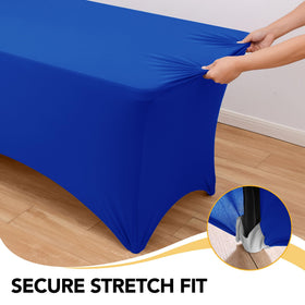 Dailyset royal blue spandex tablecloth leg pocket detail prevents shifting during service
