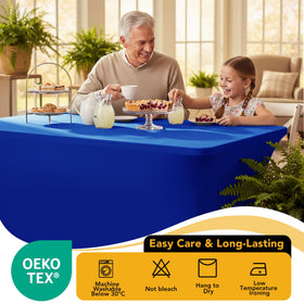 Dailyset setup for multiple tables at an event in royal blue spandex tablecloth