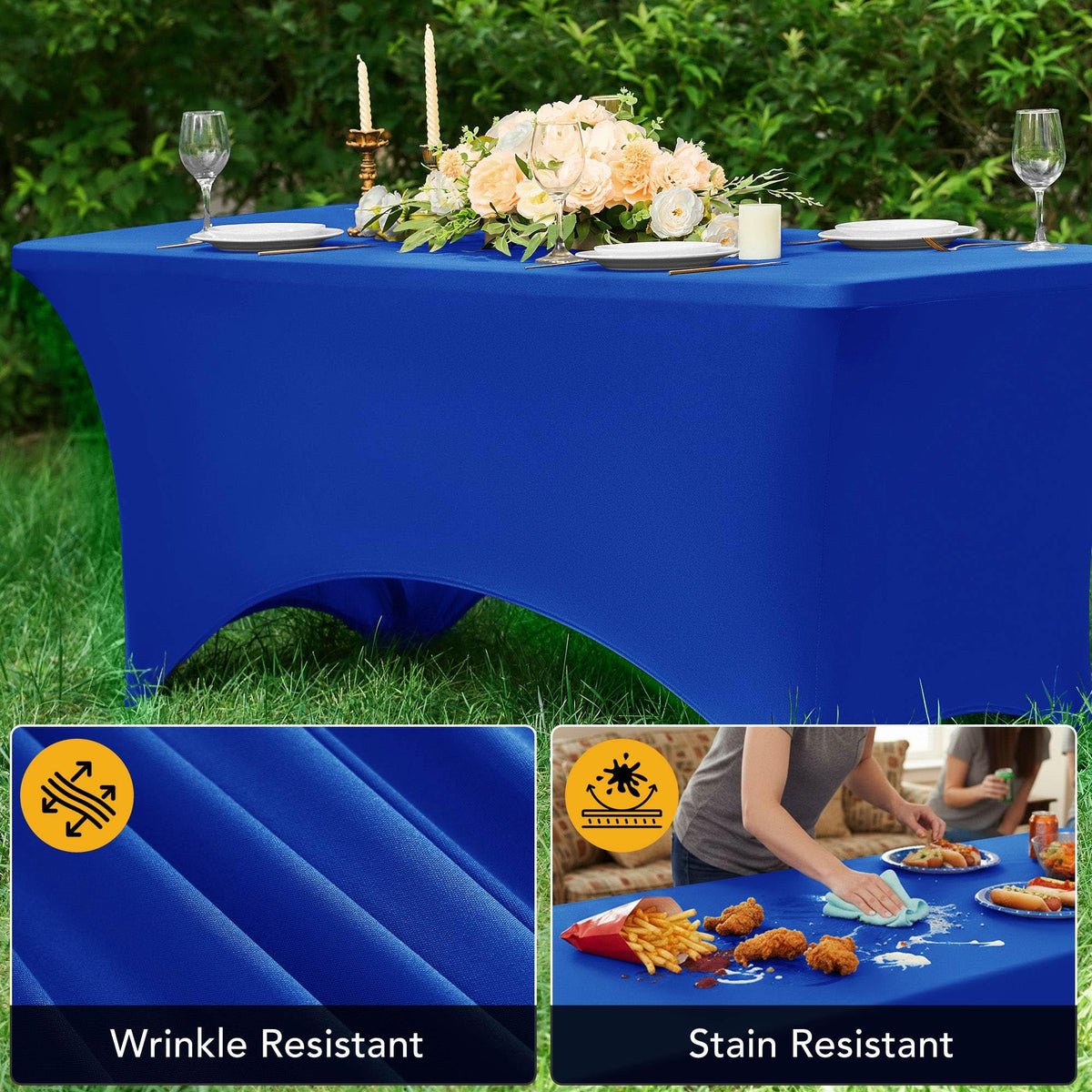 Dailyset royal blue tablecloth demonstrates stain resistance with a clean spill test