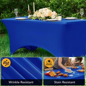 Dailyset royal blue tablecloth demonstrates stain resistance with a clean spill test