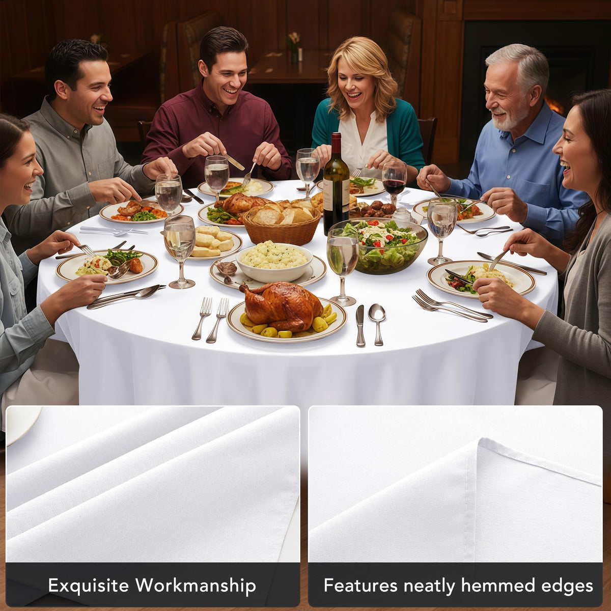 Dailyset tablecloth draped on 5-6 ft round table