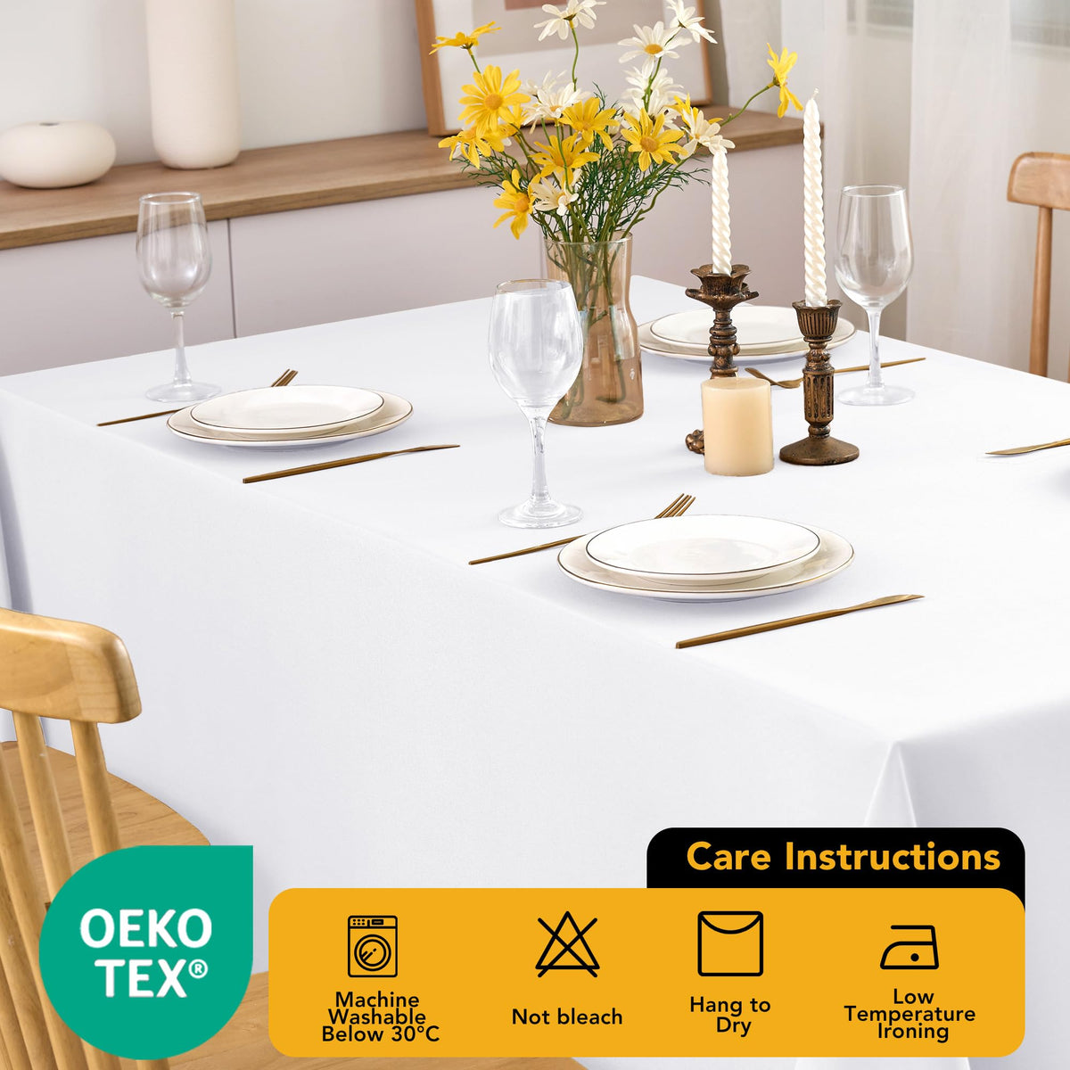 DailySet tablecloth on rectangle table with folded edges for neat setup.