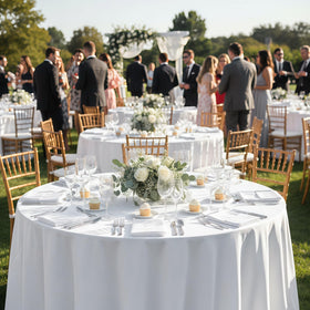Dailyset durable, washable white round tablecloth for repeated events.
