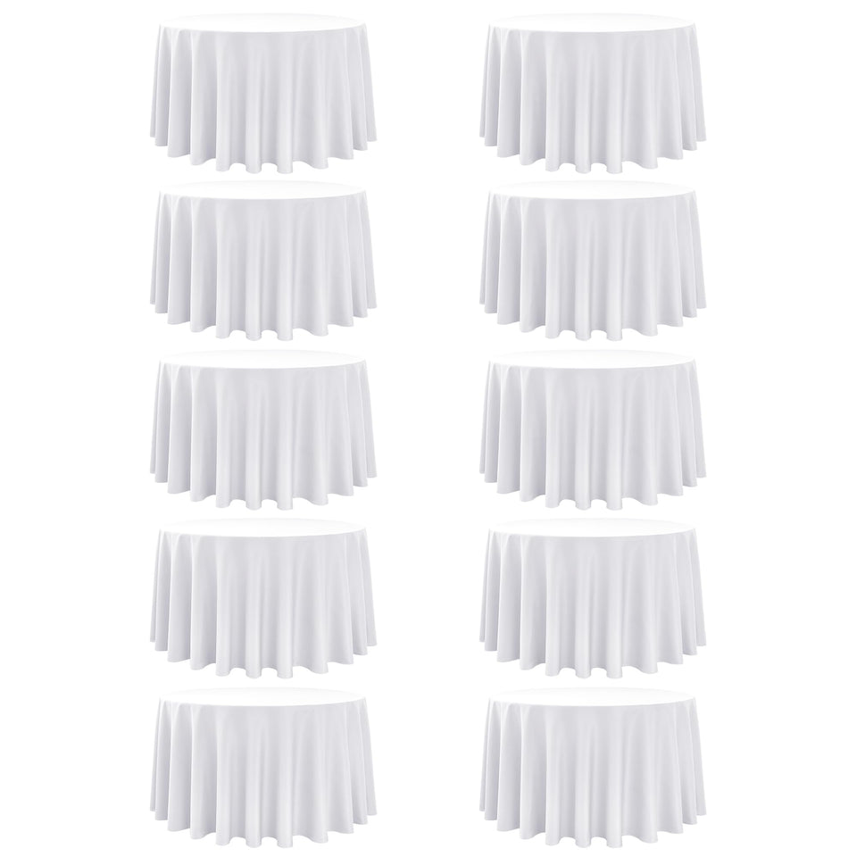 Dailyset 108-inch white round tablecloth flatlay showing stain-resistant fabric for events.
