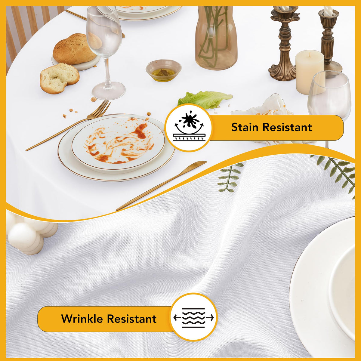 Close-up of Dailyset 108-inch white round tablecloth highlighting stain resistance.