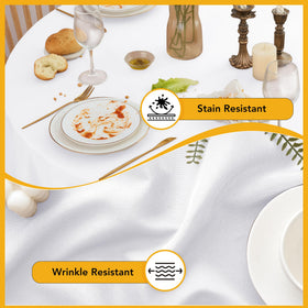 Close-up of Dailyset 108-inch white round tablecloth highlighting stain resistance.