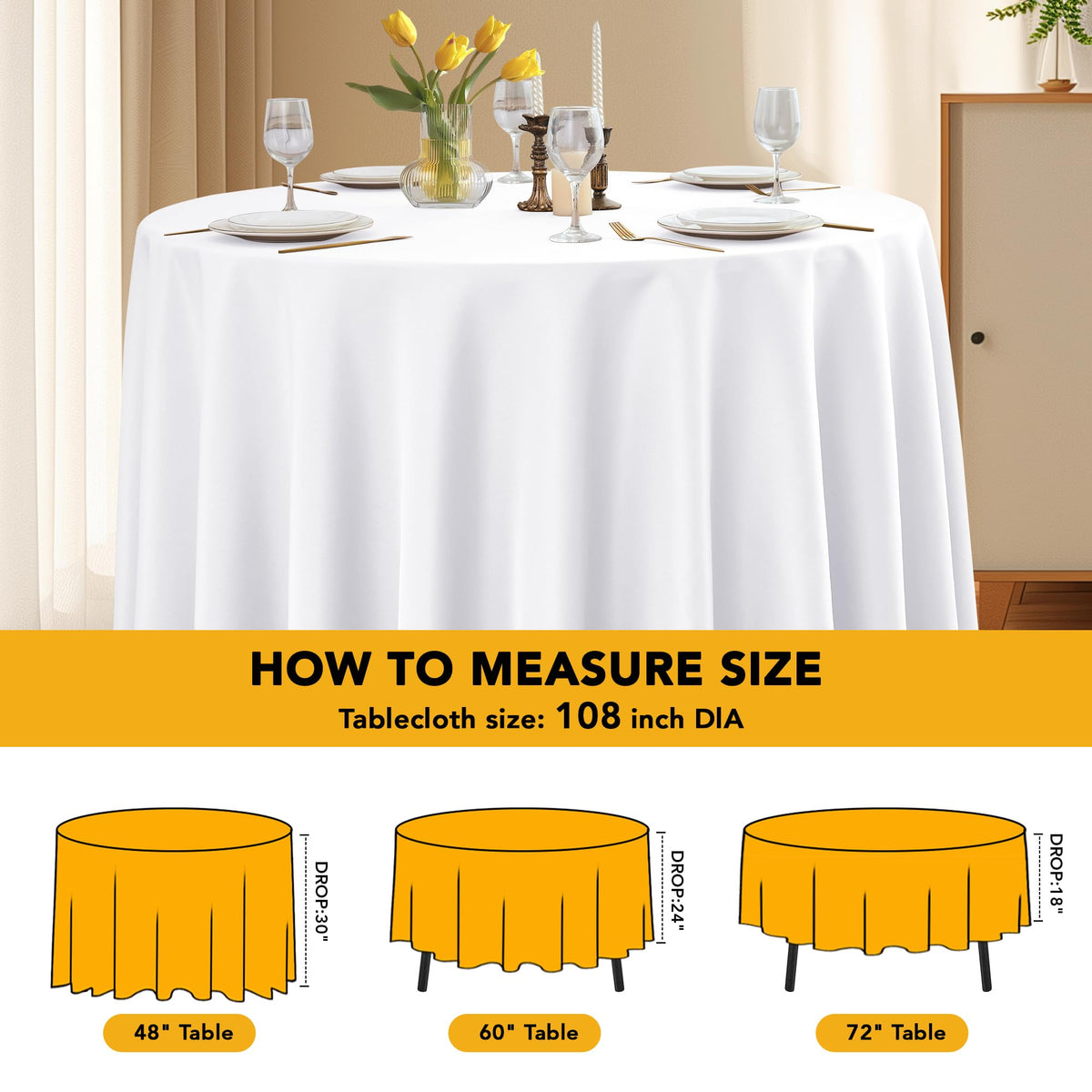 Dailyset wedding banquet white round tablecloth on a reception table.