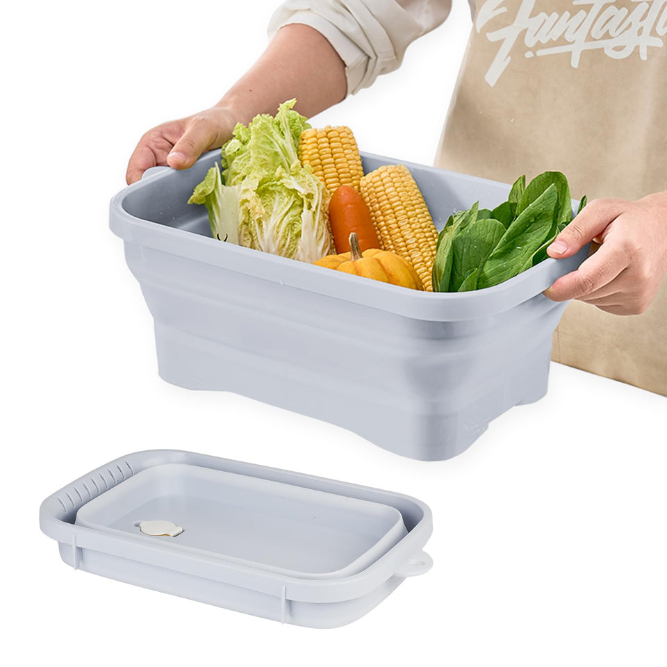 Daimix collapsible dish pans unfolded showing spacious 2 gal capacity for washing.