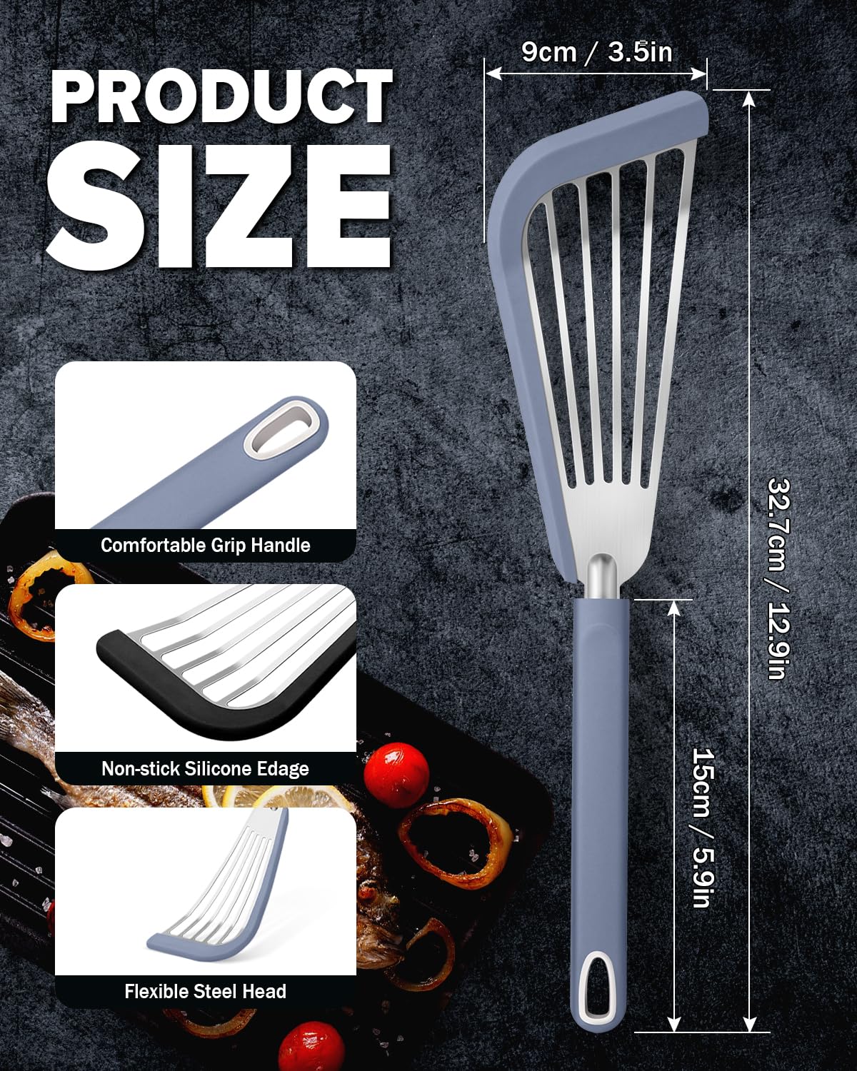 DaiRen Kitchen ergonomic handle spatula offers comfortable grip during flipping.