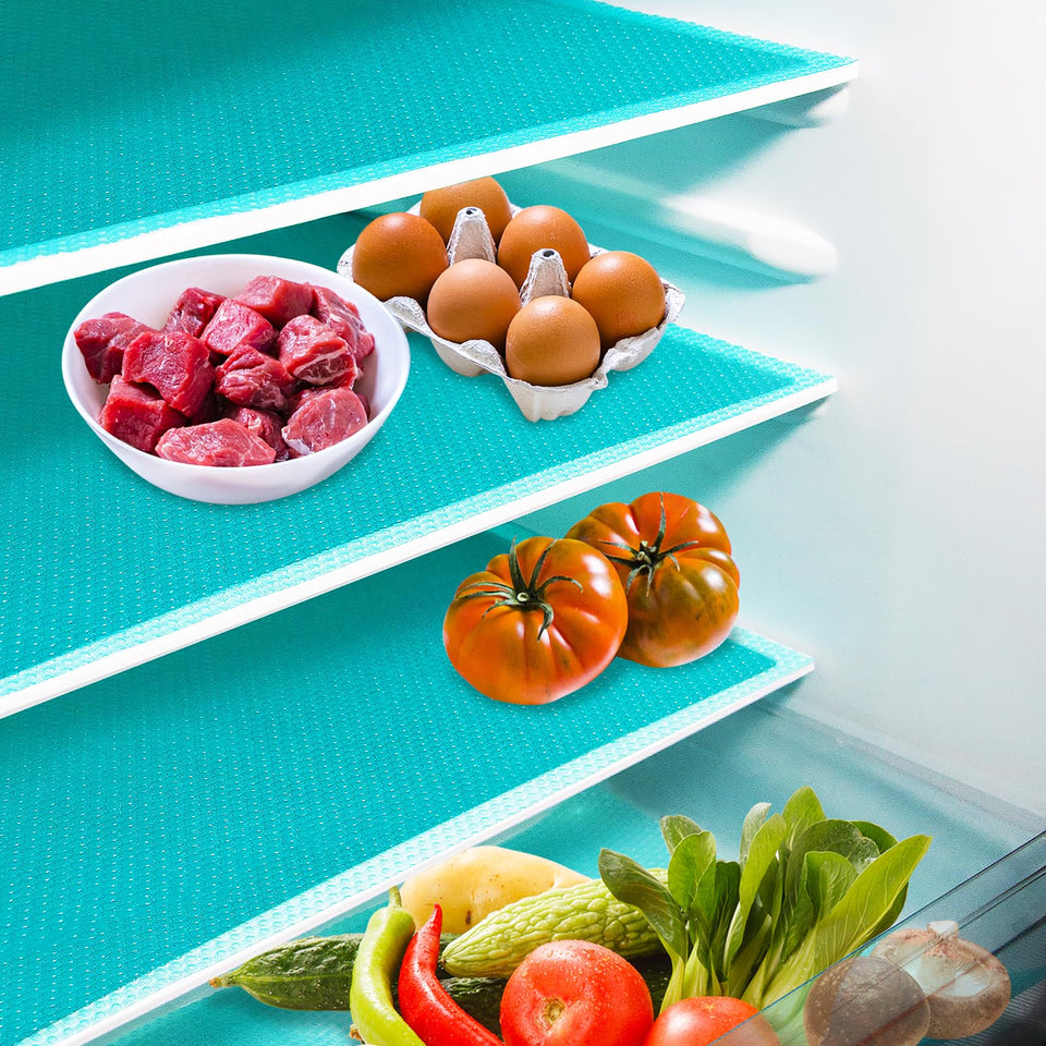 Daixers refrigerator liner 10-piece blue set protects shelves from spills and stains.