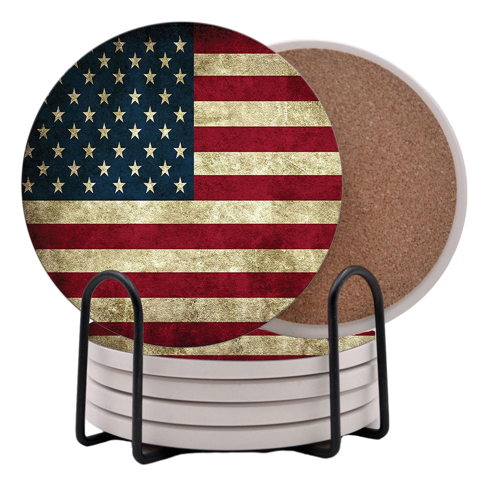 DAJDC USA flag round coasters with stand keep drinks neatly organized.