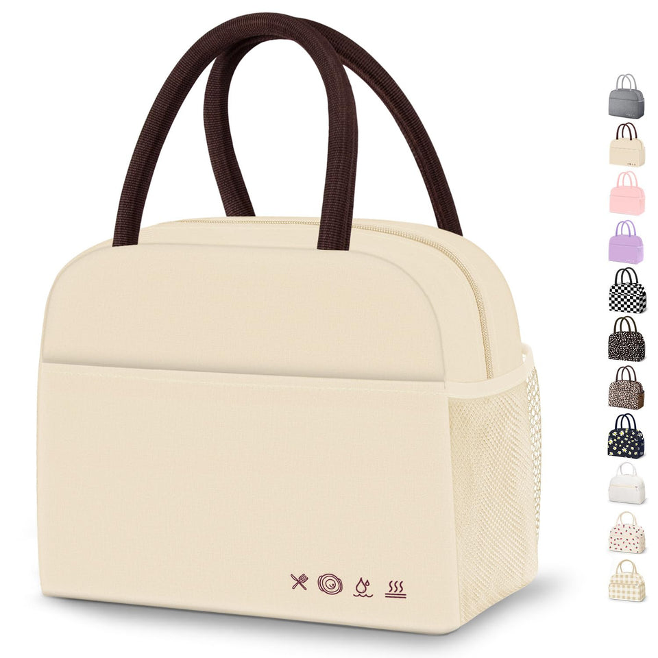 DALINDA lunch bag beige front view with large compartments for organized meals.