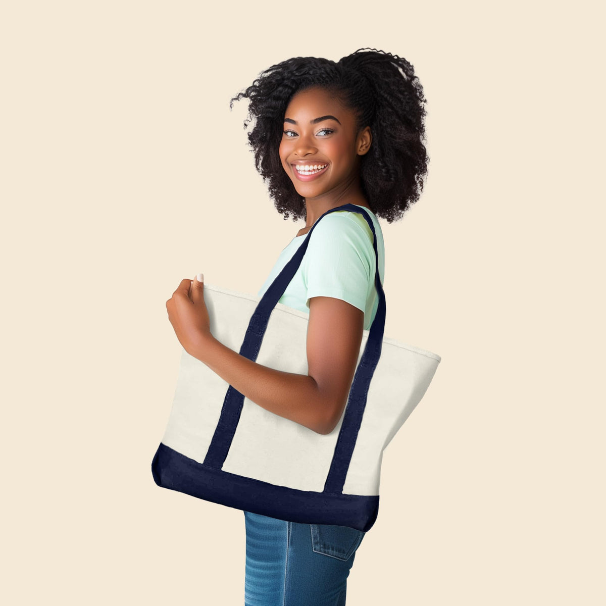 DALIX 22-inch cotton canvas tote zipper close-up shows secure top