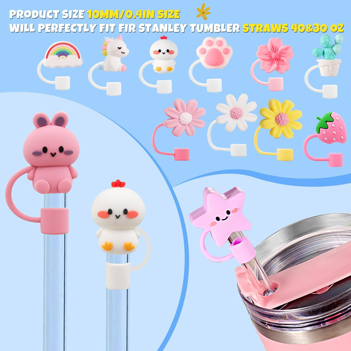 DALOO unicorn-design straw cover, whimsical and practical for 10mm Stanley, keeps beverages fun.