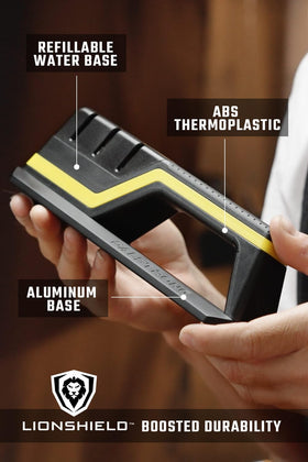 Dalstrong Hornet sharpener adjustable angle guide maintains a consistent edge geometry.