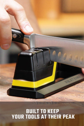 Dalstrong Hornet sharpener water reservoir contains metal particles for cleaner sharpening.