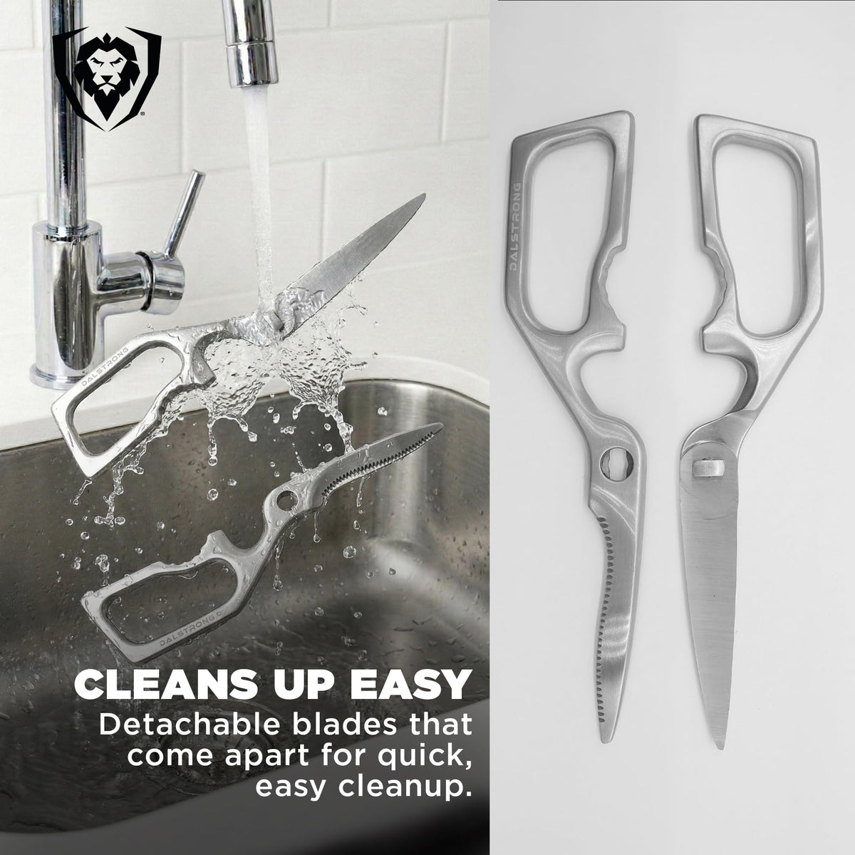 Dalstrong scissors with detachable blades shown for easy cleaning after use