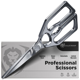 Dalstrong kitchen scissors demonstrating spatchcocking poultry with sharp Japanese steel blades