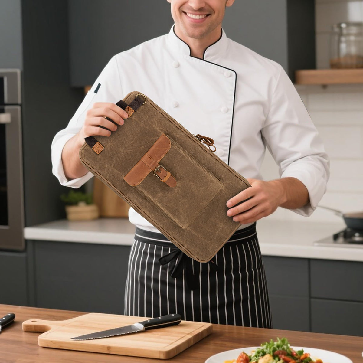 Damero front pocket stores personal items while keeping knives organized