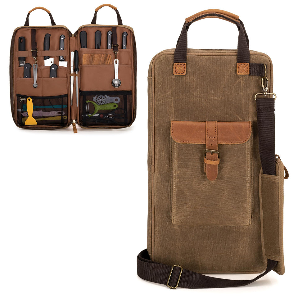 Damero chef knife bag open view shows 11 slots and mesh pockets for organized tools