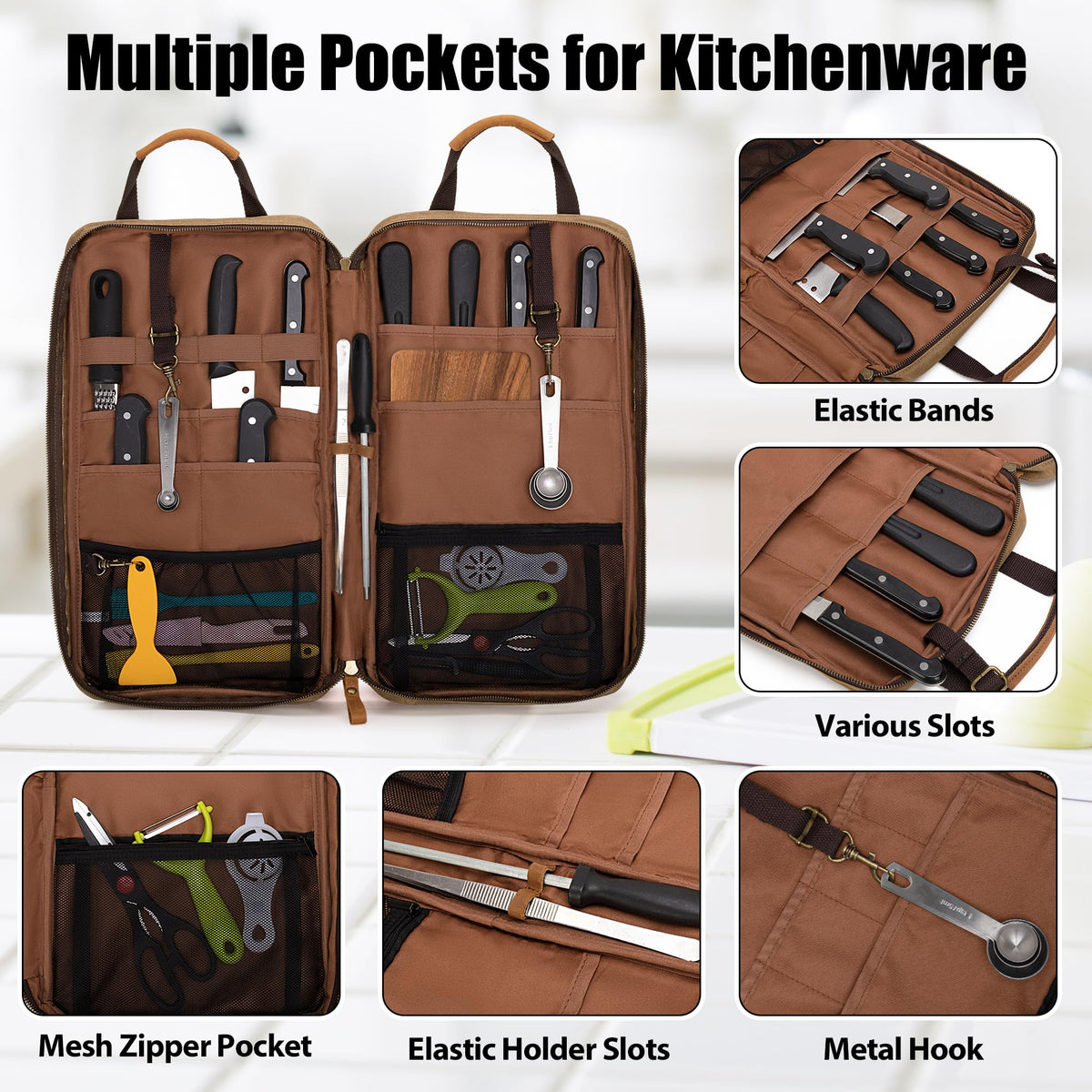 Damero knife bag with top handles and shoulder strap for versatile portability