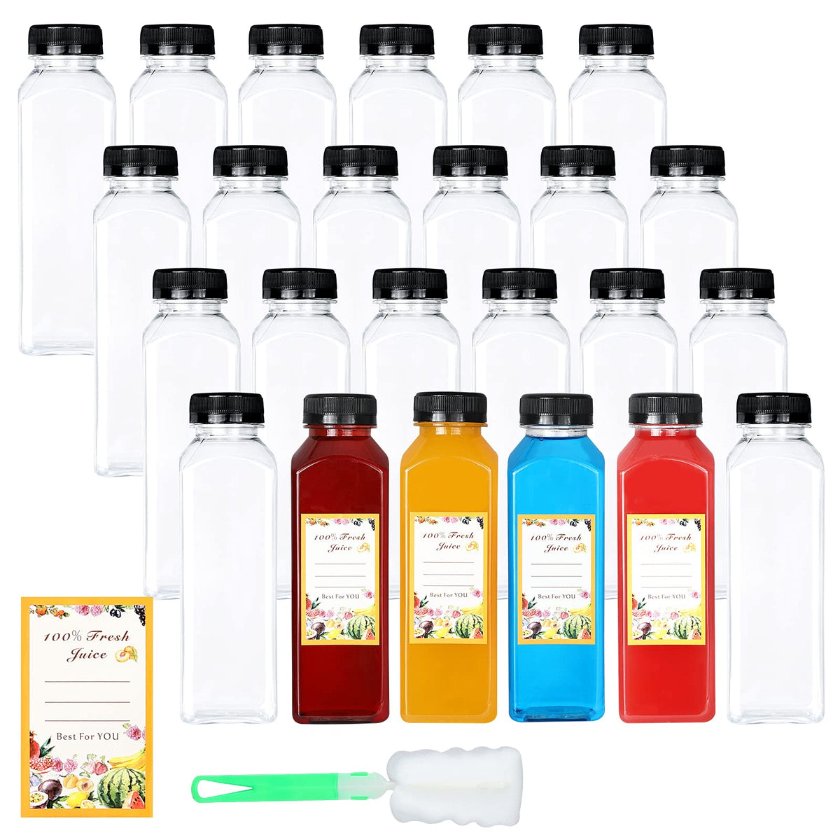 DANALLAN 12oz empty juice bottles with caps for mess-free beverage storage.