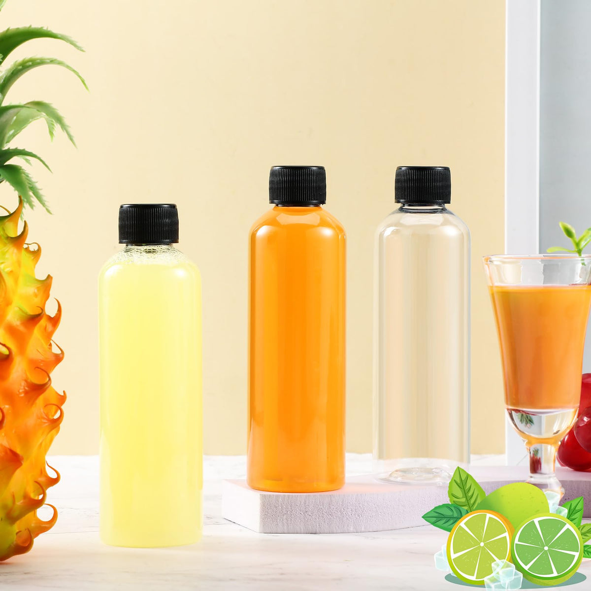 Dandat 4oz bottles in use for fresh juice or smoothies
