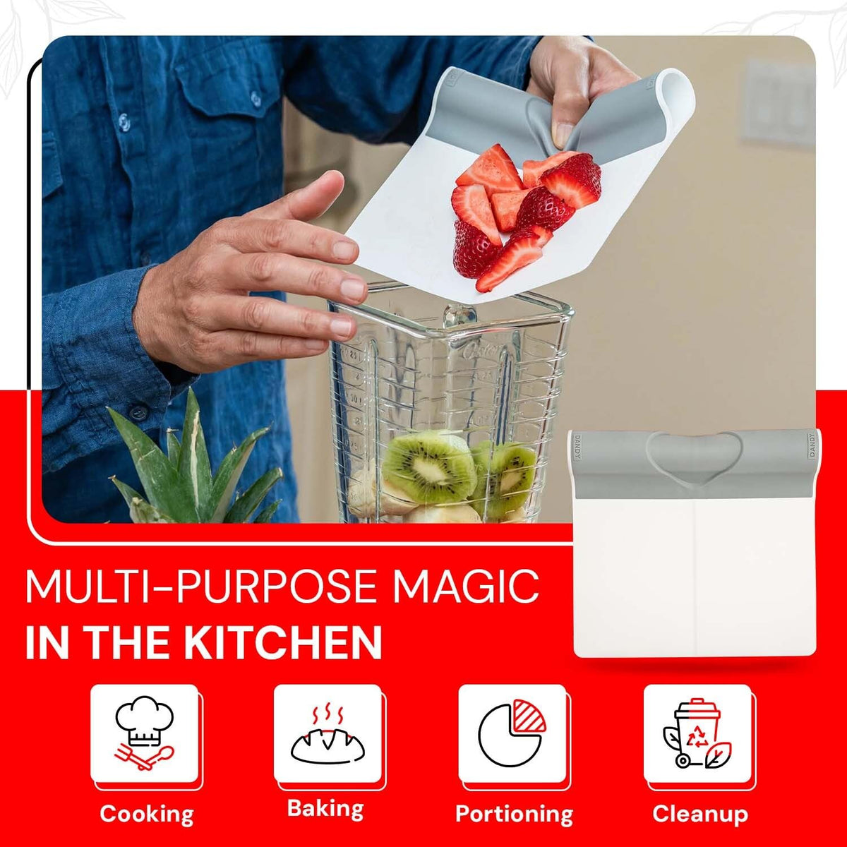 DANDY ScooperDuper moves food from board to bowl with minimal spills.