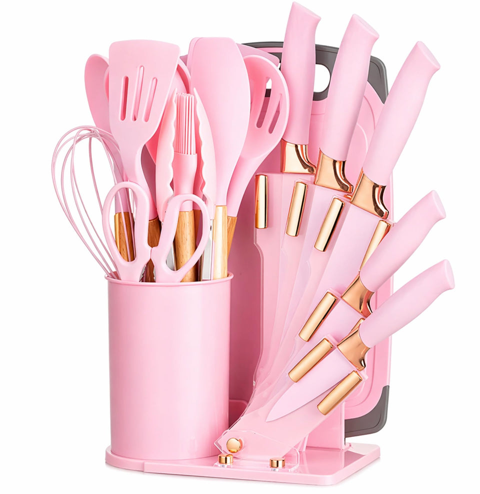 DANFFI 19-piece pink kitchen utensils set with rose-gold accents for stylish cooking