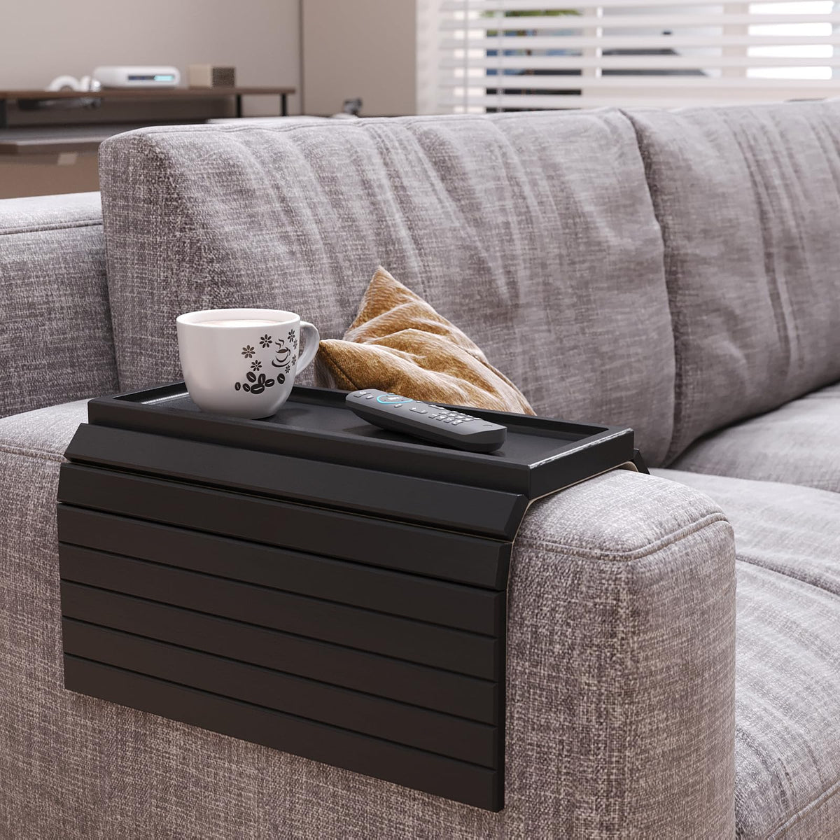 Danfoxer arm tray showing anti-slip pad on top edge for secure placement.