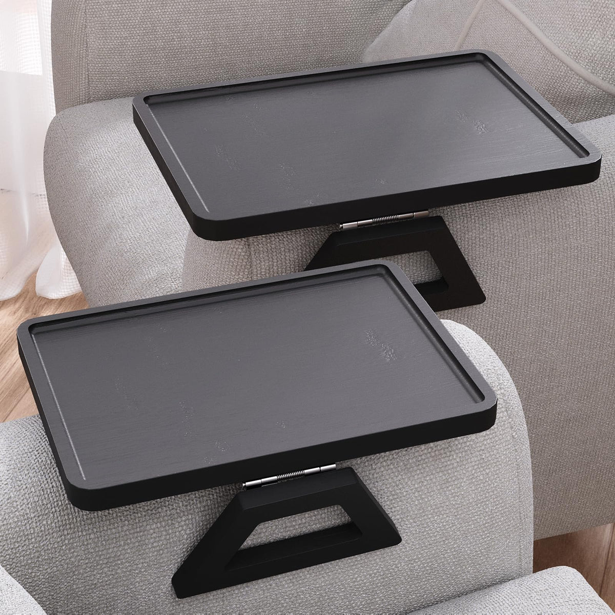 Danfoxer bamboo couch arm tray folding surface ready for drinks.