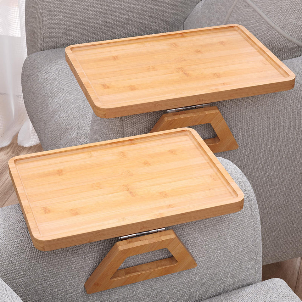 Danfoxer bamboo folding sofa tray on armrest, ideal for drinks and snacks.