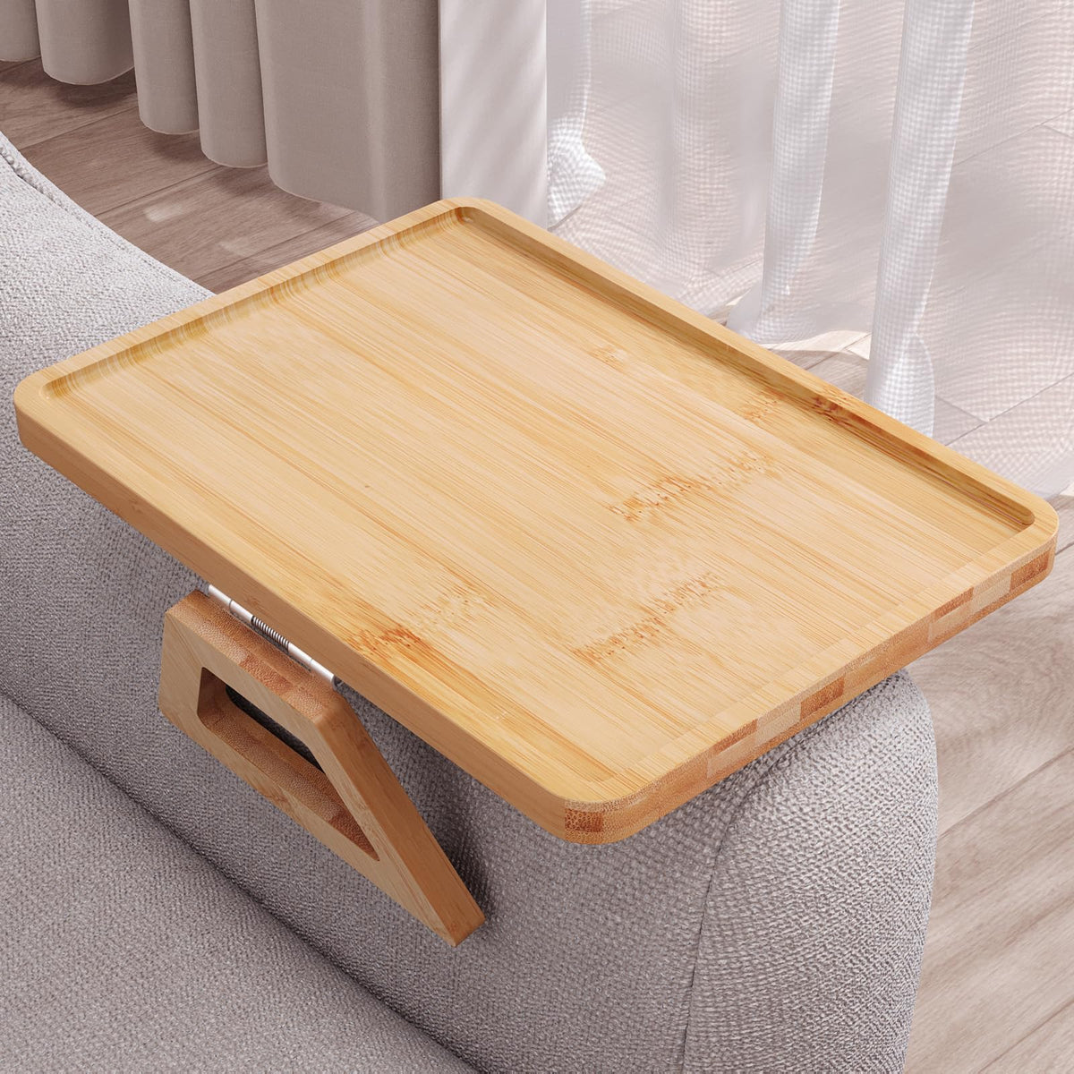 Danfoxer couch arm tray on bamboo surface for snacks within reach