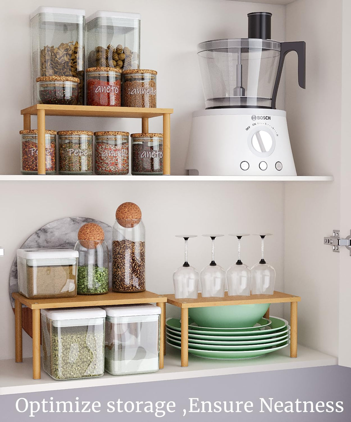 Danfoxer large bamboo shelf set3 demonstrates sturdy storage for bottles.