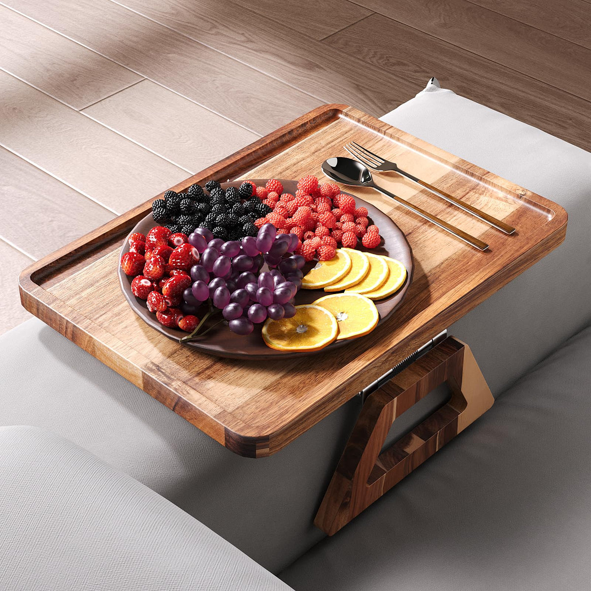 Danfoxer acacia wood tray with non-slip pads for steady placement on the arm