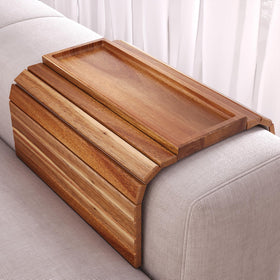 Danfoxer sofa arm tray with acacia wood surface keeps drinks stable on your couch.